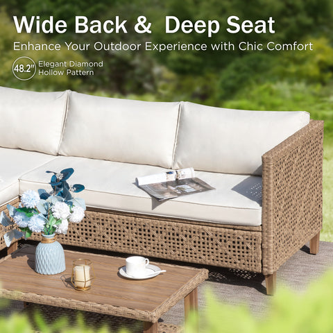 Boho Style Outdoor Wicker Conversation Sofa set with Acacia Wood Coffee Table