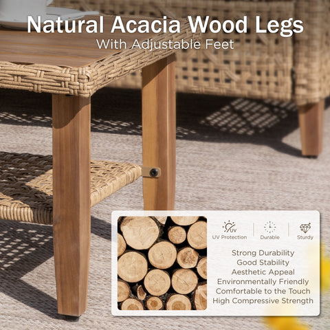 Boho Style Outdoor Wicker Conversation Sofa set with Acacia Wood Coffee Table