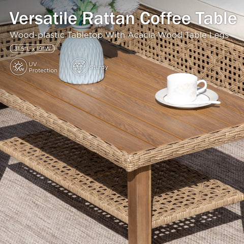 Boho Style Outdoor Wicker Conversation Sofa set with Acacia Wood Coffee Table
