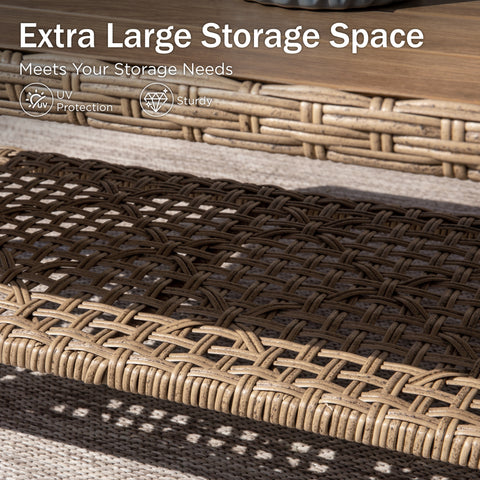Boho Style Outdoor Wicker Conversation Sofa set with Acacia Wood Coffee Table