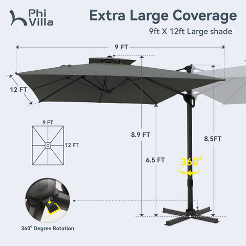 9X12ft Rectangular Outdoor Cantilever Offset Umbrella for Garden, Pool