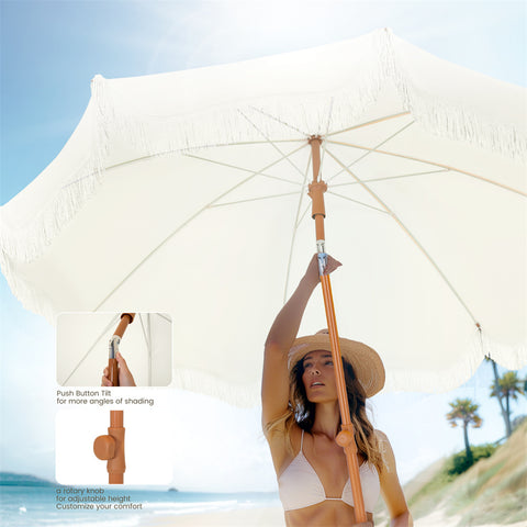 7ft Auto-Tilt Beach Tassel Umbrella With Handy Carry Bags