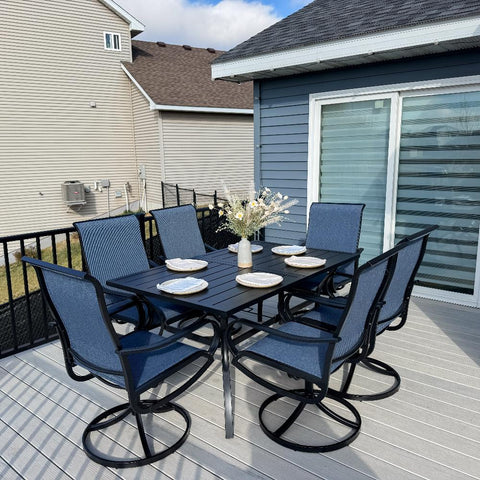8-Piece 13ft Umbrella Patio Dining Set with Denim Blue / Grey Textilene Swivel Chair