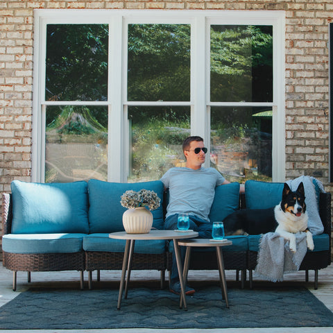 Outdoor Round Curved Wicker Conversation Sofa Set with Navy Cushions and 2 Coffee Tables