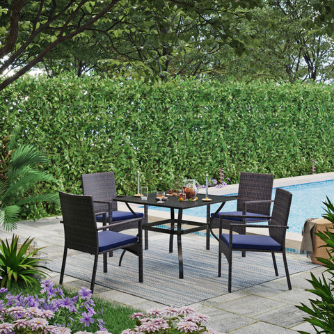 5-Piece Steel Square Table & 4 Rattan Cushion Chairs Outdoor Patio Dining Set