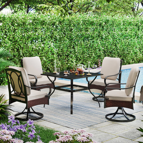 5-Piece Steel Square Table & Thick Cushion Swivel Chairs Outdoor Patio Dining Set