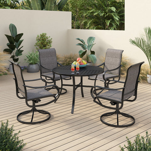 5-Piece Patio Dining Set Textilene Swivel Chairs & Geometrically Stamped Round Table