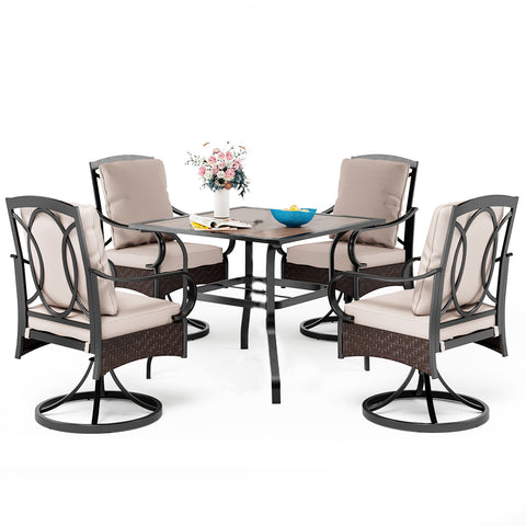 5-Piece Wood-look Table/Round Metal Table & Cushioned Rattan-steel Chairs Outdoor Dining Set