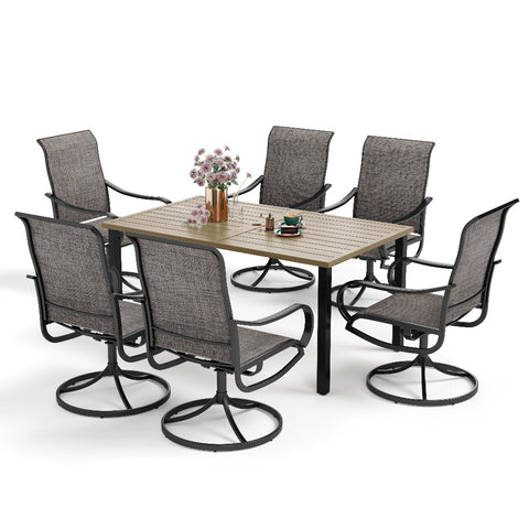 7-Piece Patio Dining Set Farmhouse Style Wood Grain Patio Dining Table and Textilene Swivel Chairs