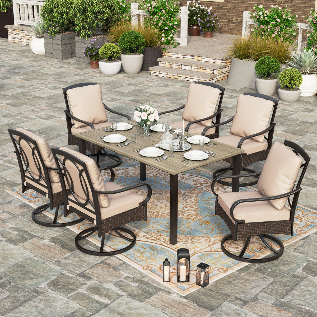 7-Piece Teak-grain Table & Rattan-steel Cushion Swivel Chairs Patio Dining Sets