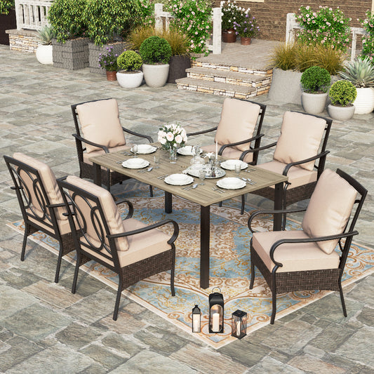 7-Piece Teak-grain Table & Rattan-steel Cushion Fixed Chairs Patio Dining Sets