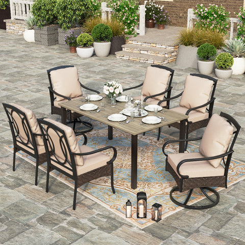 7-Piece Teak-grain Table & Rattan-steel Cushion Fixed Chairs Patio Dining Sets