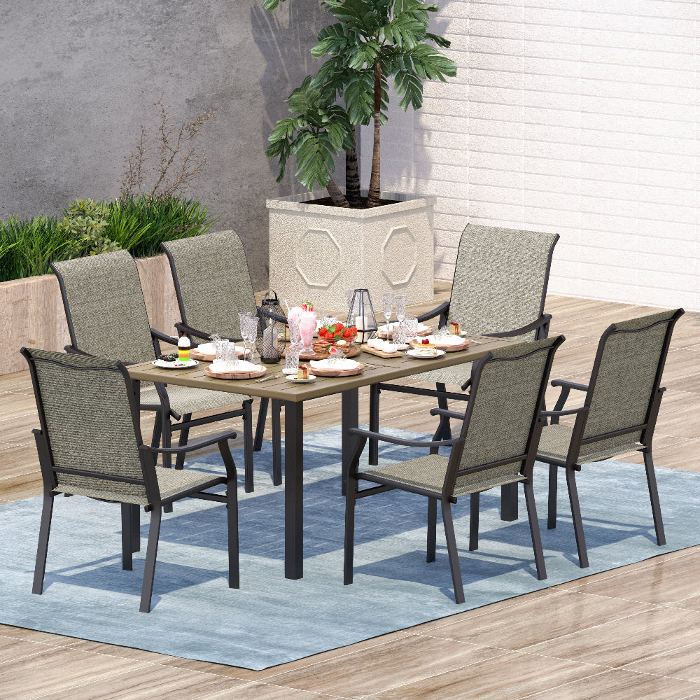 7-Piece Ergo Sling Chairs Patio Dining Set with Teak-grain Table