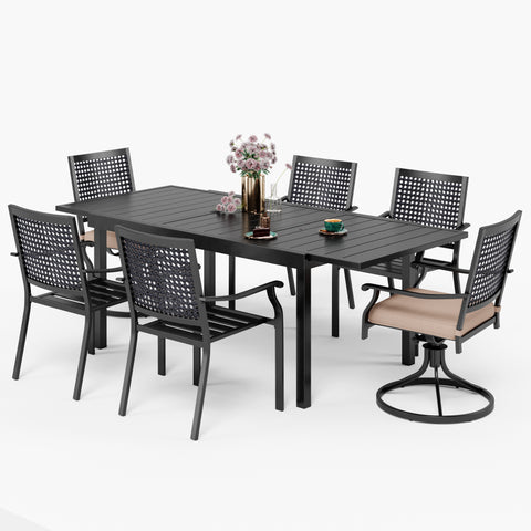 Outdoor Dining Set Extendable Steel Table & Bull's Eye Pattern Dining Chairs