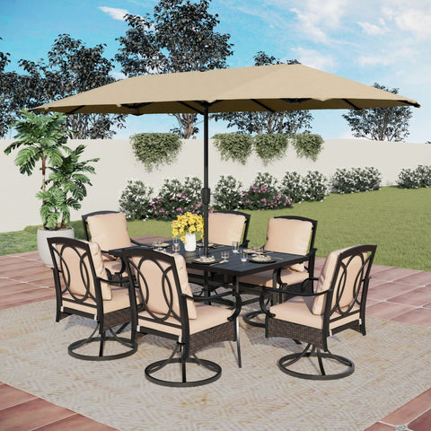 Luxurious Thick-Cushion Rattan-steel Swivel Chairs 7-Piece Patio Dining Set
