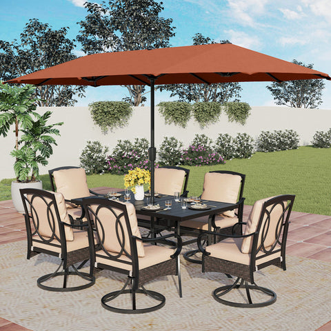 Luxurious Thick-Cushion Rattan-steel Swivel Chairs 7-Piece Patio Dining Set