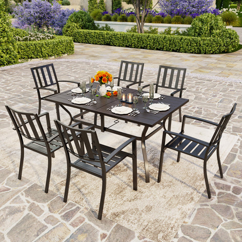 Rectangle Patio Table and 6 Stackable Chairs 7-Piece Metal Outdoor Patio Dining Sets