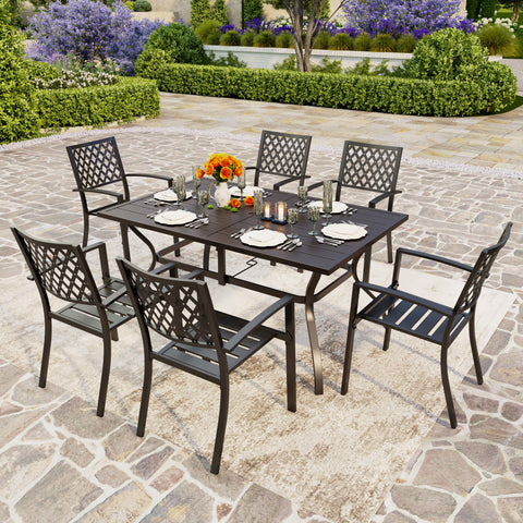Rectangle Patio Table and 6 Stackable Chairs 7-Piece Metal Outdoor Patio Dining Sets