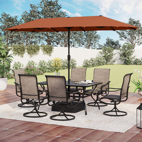 8-Piece Patio Dining Set with 13ft Umbrella Textilene Swivel Chair & Slat Rectangle Table