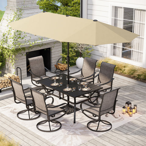 8-Piece Patio Dining Set with 13ft Umbrella Textilene Swivel Chair & Slat Rectangle Table