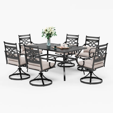 8-Piece 13ft Umbrella Patio Dining Set with Elegant Cast Iron Pattern Swivel Chairs