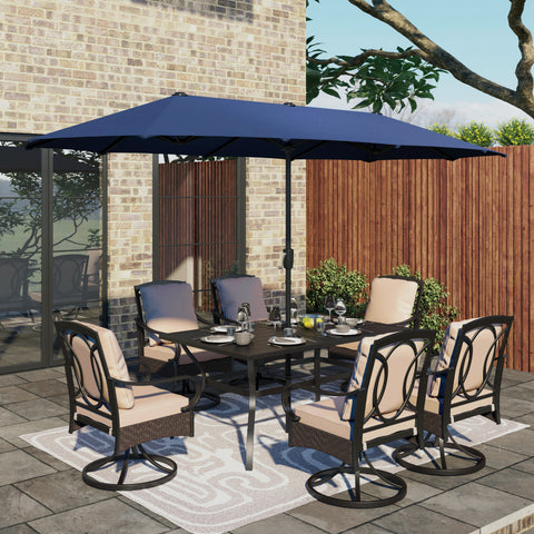 Luxurious Thick-Cushion Rattan-steel Swivel Chairs 7-Pcs Patio Dining Set
