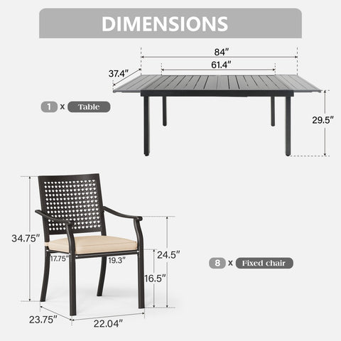 Outdoor Dining Set Extendable Steel Table & Bull's Eye Pattern Dining Chairs