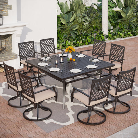 9-Piece Extra-large Square Table & Pattern Swivel Chairs Patio Dining Set