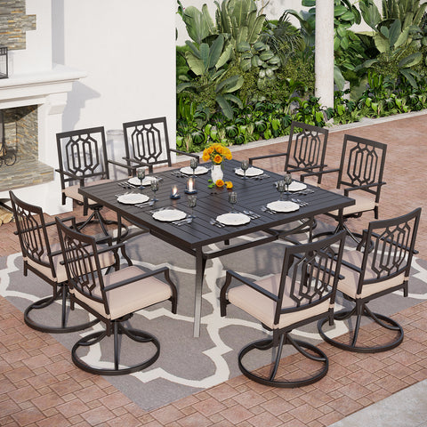 9-Piece Extra-large Square Table & Pattern Swivel Chairs Patio Dining Set