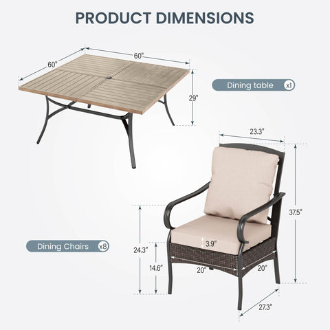 9-Piece Large Wood-grain Square Table & Rattan-Steel Cushioned Chairs