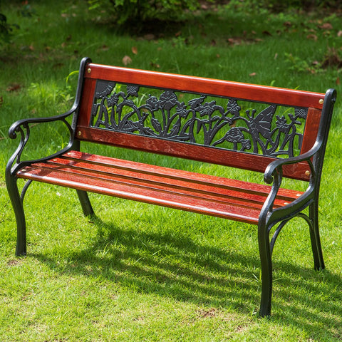 33" Outdoor Kids Sized Garden Metal Bench with Wood Seating