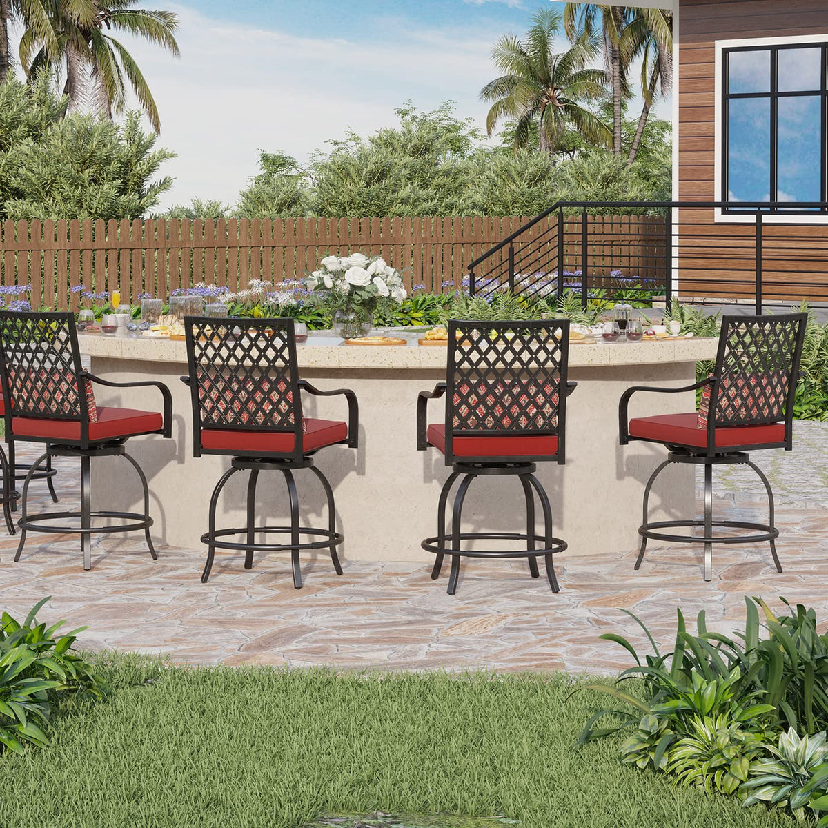 PHI VILLA Bohemian Style Steel Swivel Outdoor Bar Stools Set with Gifted Cushions
