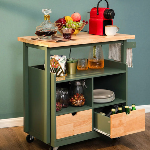 PHI VILLA Rubber Wood Tabletop Kitchen Island Cart with Drawers and Towel Rack, Green