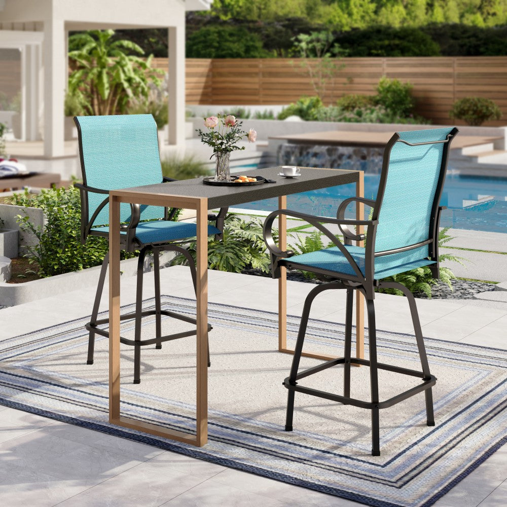 Sophia & William 3-Piece Outdoor Bar Set-Sea Stone Table & Aqua Textilene Swivel Stools
