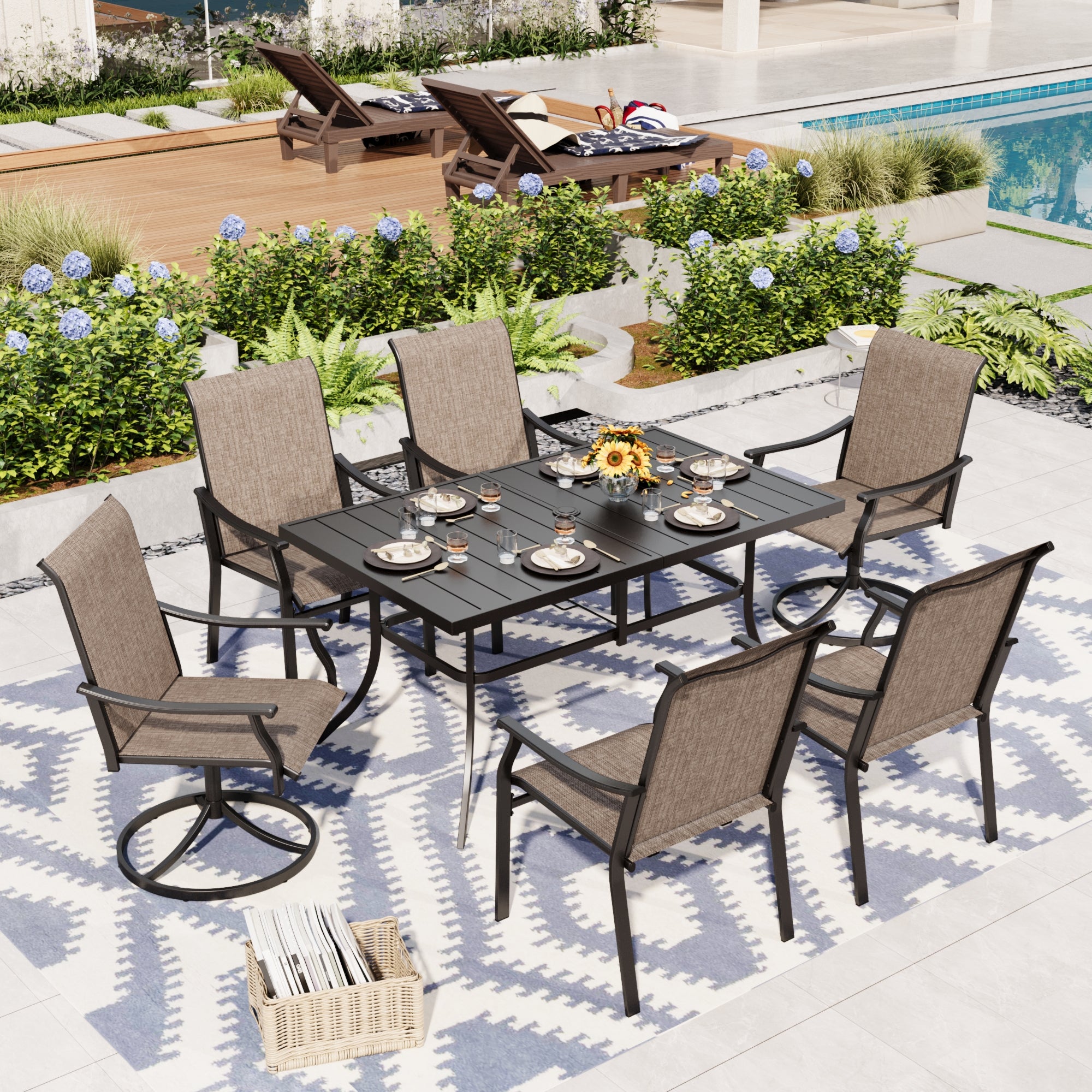 Sophia & William 7-Piece Patio Dining Set with Ergo Sling Fixed & Swivel Chairs and Steel Rectangle Table