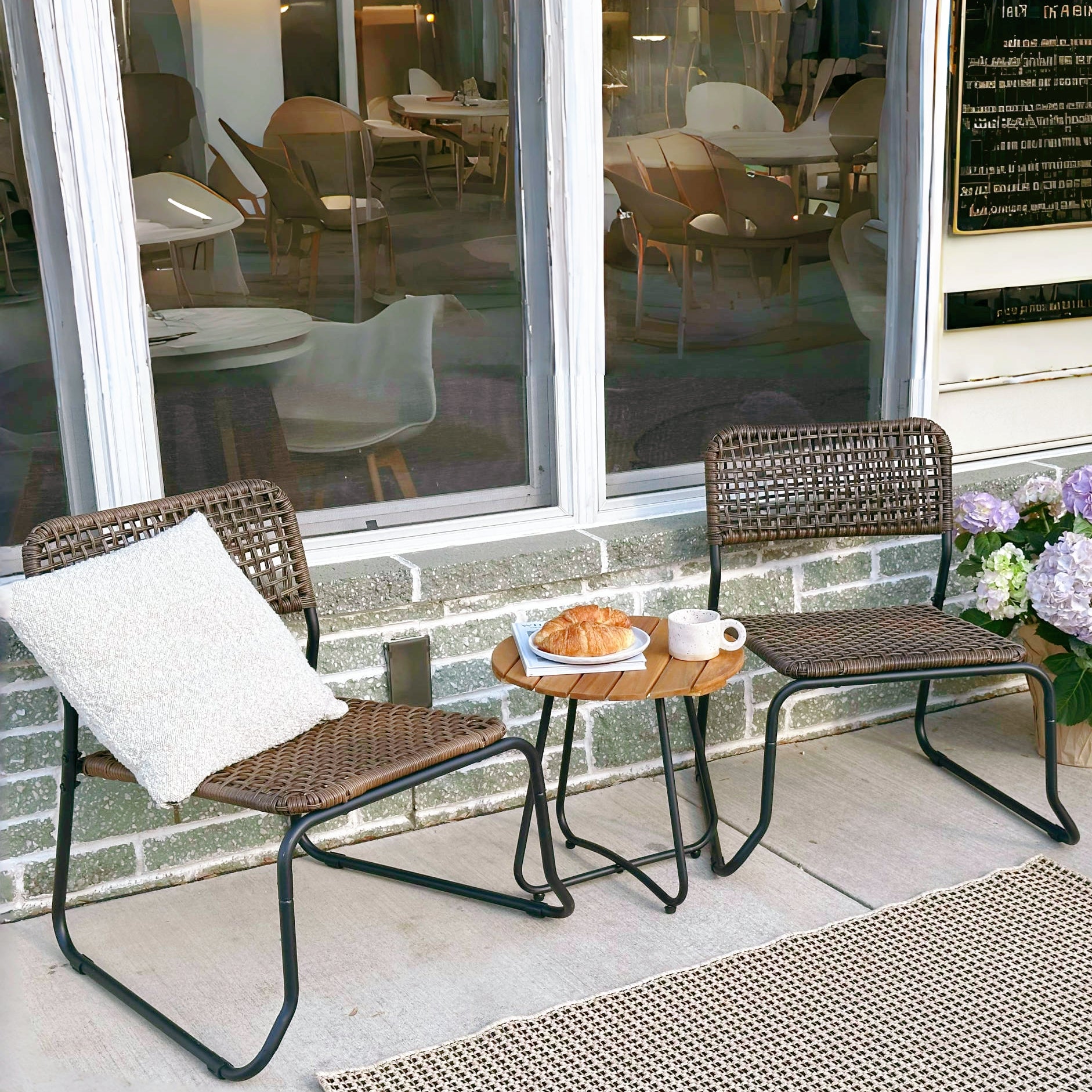 Stackable Outdoor Rattan Patio Bistro Set with Solid Acacia Table