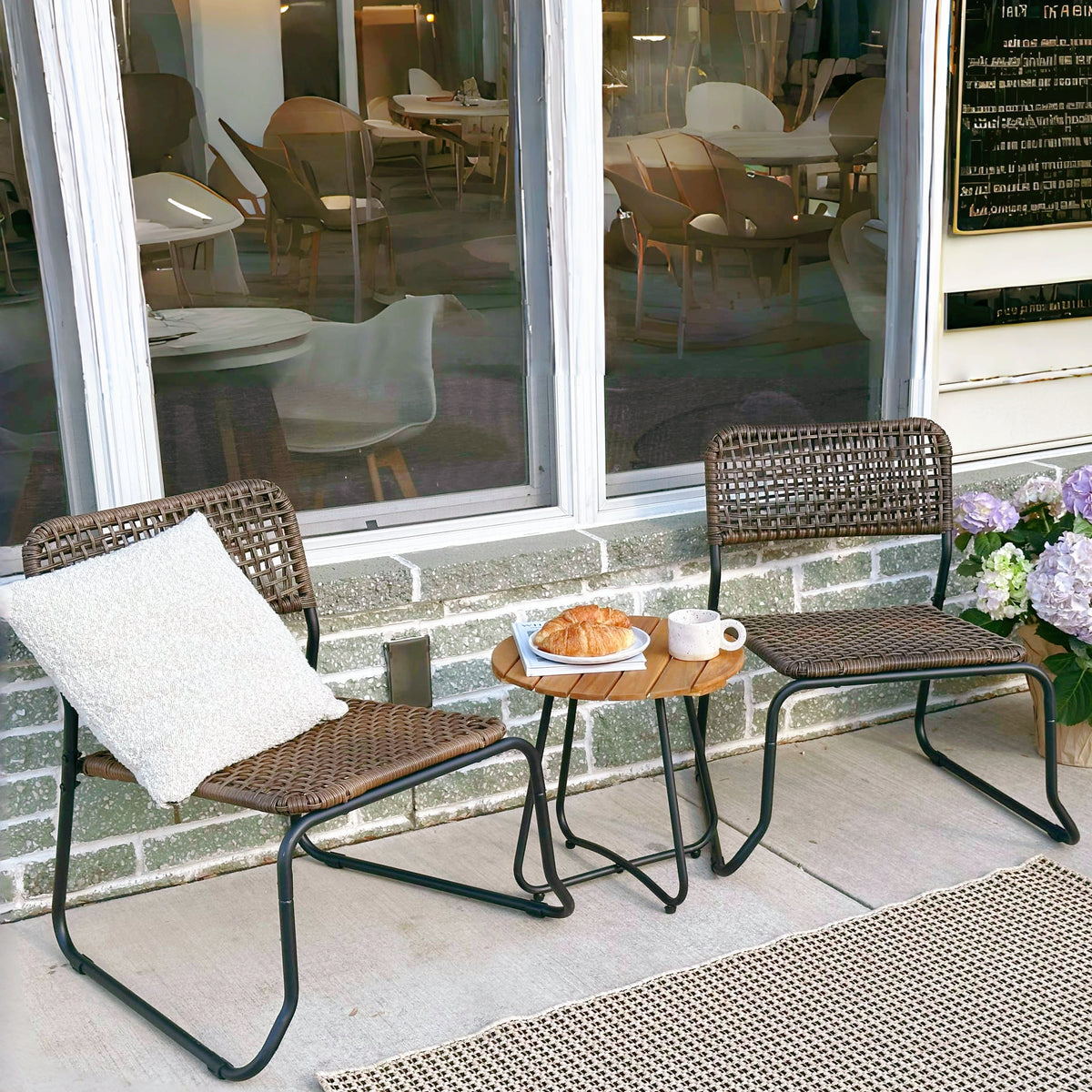 Stackable Outdoor Rattan Patio Bistro Set with Solid Acacia Table