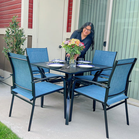 5-Piece Patio Dining Sets Square Table & Light-weight Textilene Fixed Chairs