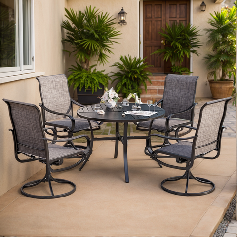 5-Piece Patio Dining Set Textilene Swivel Chairs & Geometrically Stamped Round Table