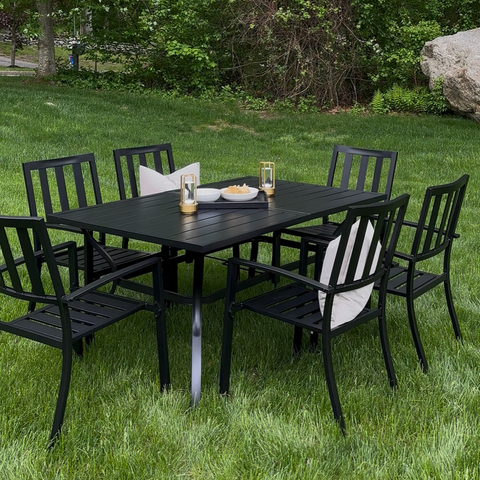 Rectangle Patio Table and 6 Stackable Chairs 7-Piece Metal Outdoor Patio Dining Sets