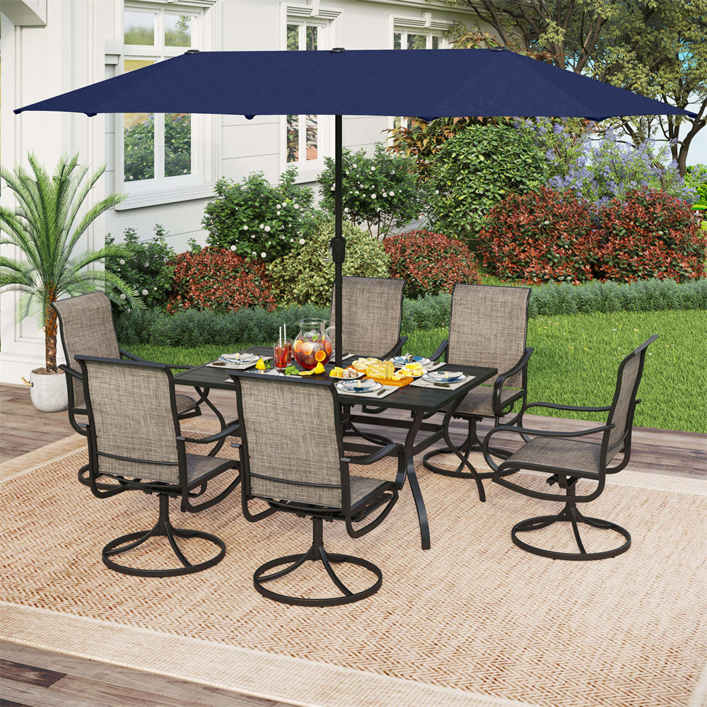 8-Piece Patio Dining Set with 13ft Umbrella Textilene Swivel Chair & Slat Rectangle Table