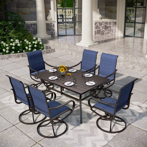 7-Piece Patio Dining Set with Denim Blue Textilene Swivel Chair