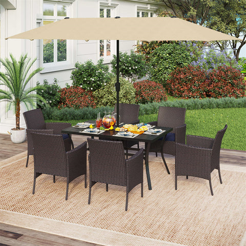 8-Piece Outdoor Dining Set with 13’ Umbrella Large Rectangle Metal Dining Table & Cushioned Rattan Chairs