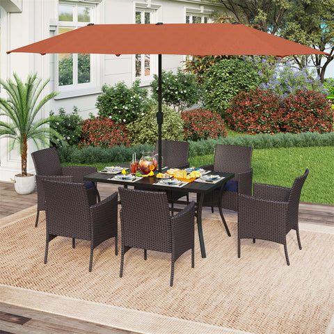 8-Piece Outdoor Dining Set with 13’ Umbrella Large Rectangle Metal Dining Table & Cushioned Rattan Chairs