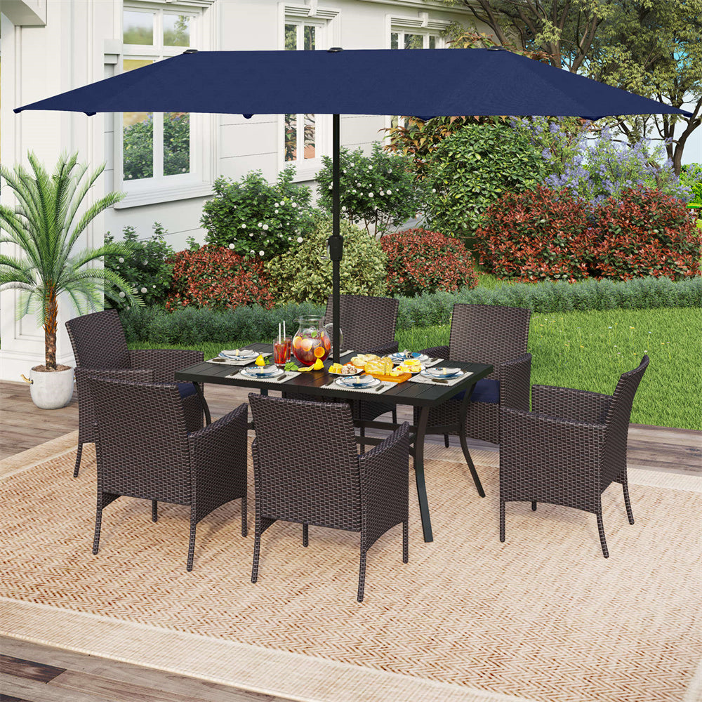 8-Piece Outdoor Dining Set with 13’ Umbrella Large Rectangle Metal Dining Table & Cushioned Rattan Chairs
