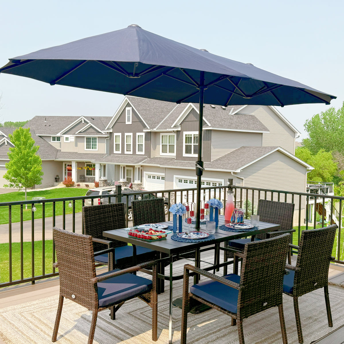 8-Piece 13ft Umbrella Patio Dining Set Rattan Chairs & Steel Panel Table