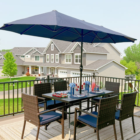 8-Piece 13ft Umbrella Patio Dining Set Rattan Chairs & Steel Panel Table
