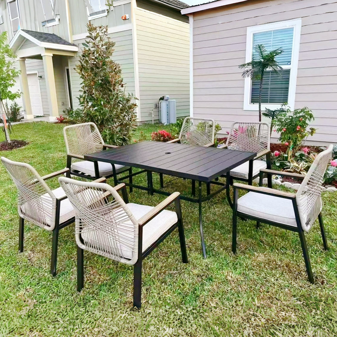 7-Piece Outdoor Patio Dining Set with Handcrafted Rattan Rope Chairs
