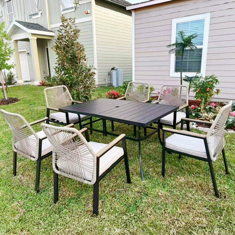 7-Piece Outdoor Patio Dining Set with Handcrafted Rattan Rope Chairs