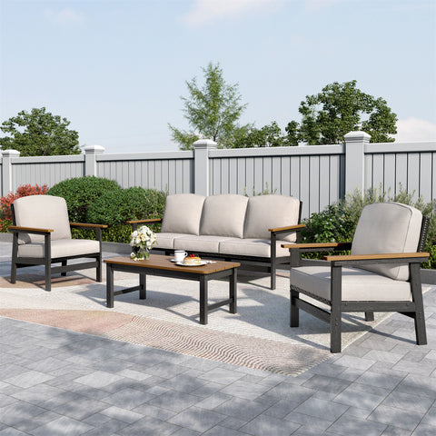 5-Seater Wicker Rattan & HDPE Outdoor Conversation Sofa Set with Coffee Table